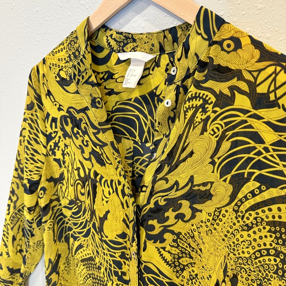 H&M Shirt Dress Women 4 Yellow Black Dragon Graphic Print Boho Sheer Lightweight - Picture 6 of 12